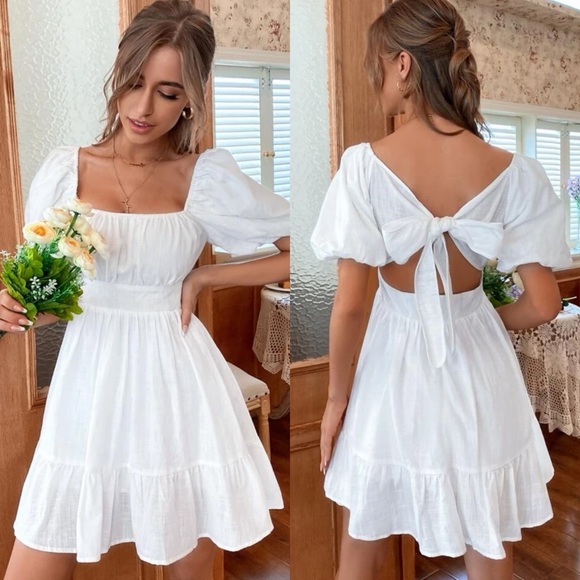 Short sleeve square neck cutout ruffle mini dress boho black - Picture 3 of 3